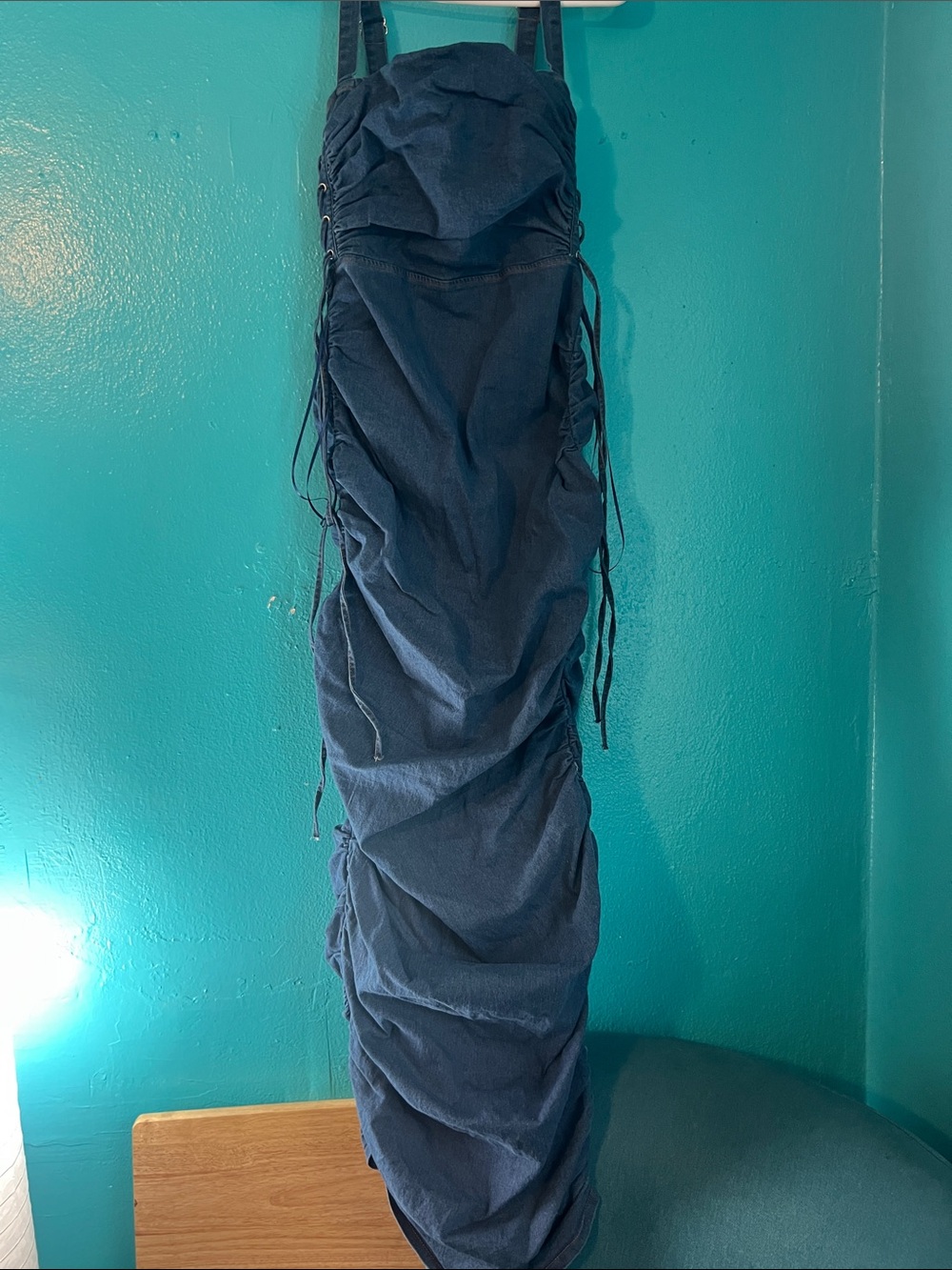 Women’s Large Dark Blue Denim Ruched Dress with Adjustable Straps - Picture 4 of 12